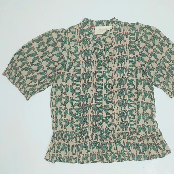 NWOT Anthropologie Maeve Parrot Ruffled  Pleated Puff Sleeve Peplum Top, Size S - Picture 4 of 11